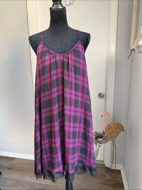 Express Pink & Black Plaid Slip Dress with Lace Hem